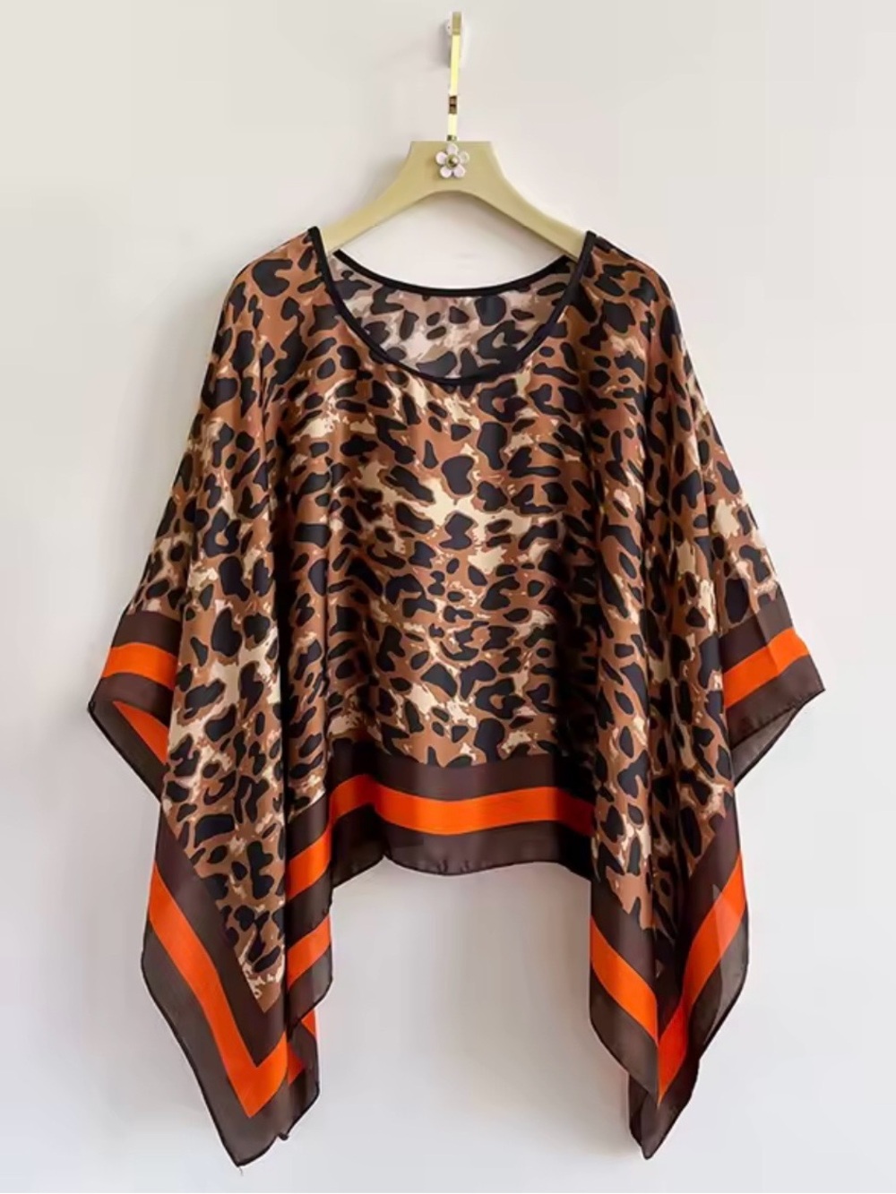 Leopard Print Satin Poncho with Orange Trim
